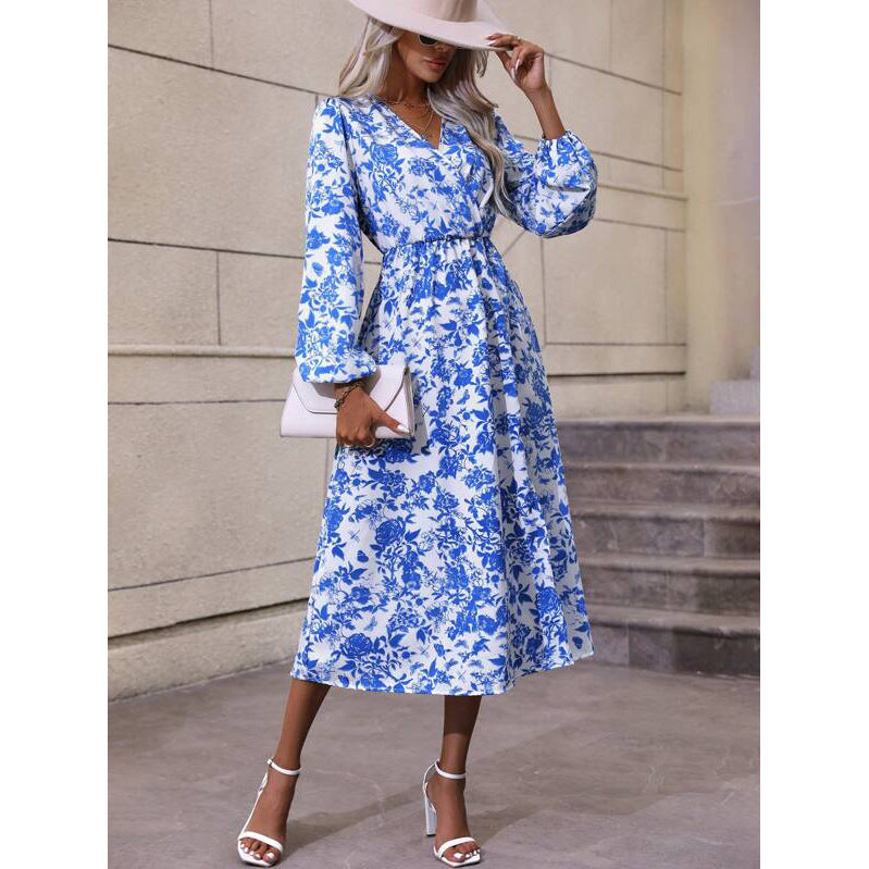 Floral Print Lantern Sleeve Slit Thigh Lace-up Waist