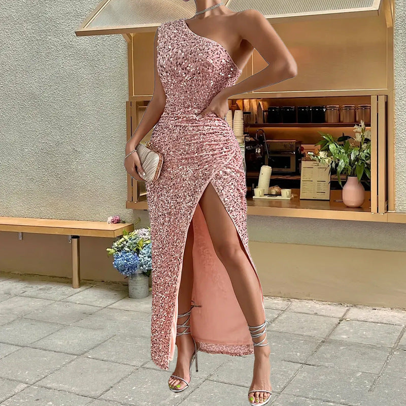 Sequined Shoulder Sleeping Beauty Split Solid Color Dress