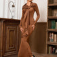 Robe de soirée plissée à col rond et manches longues, coupe ajustée, avec ruban