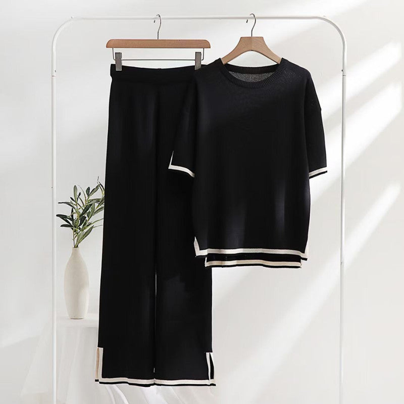 Pull ample patchwork avec haut à manches courtes et pantalon fendu, ensemble en tricot