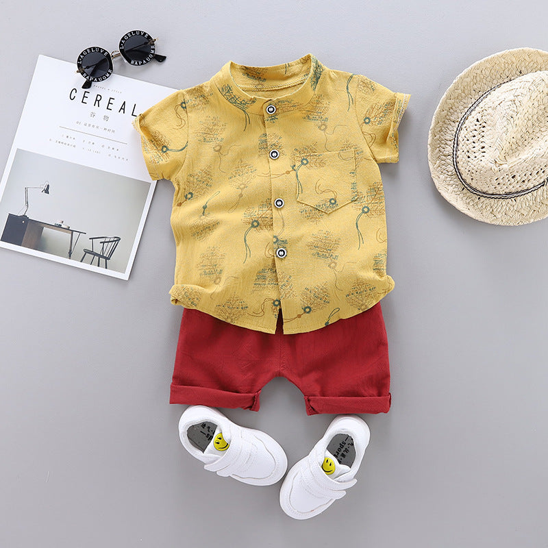 Boy's Fashion Single-breasted Stand Collar Short Sleeve Shirt Casual Pants Suit