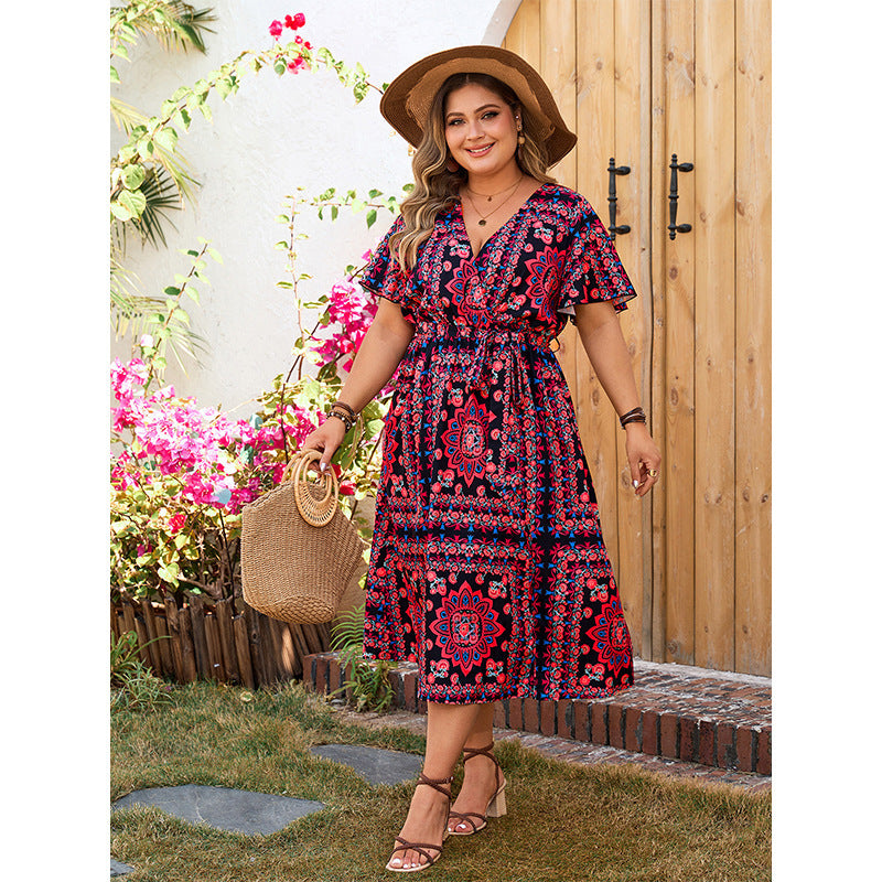 Robe ample imprimée style rétro européen et américain, grande taille, décontractée, col en V