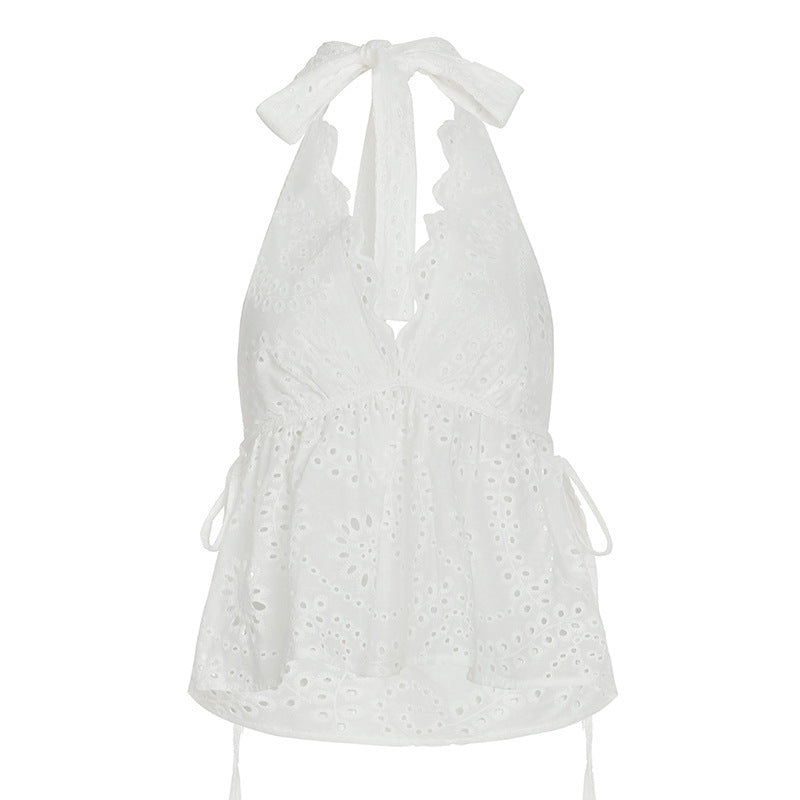 Jacquard Lace Edge Halterneck Vest Irregular Hem Bottoming Shirt