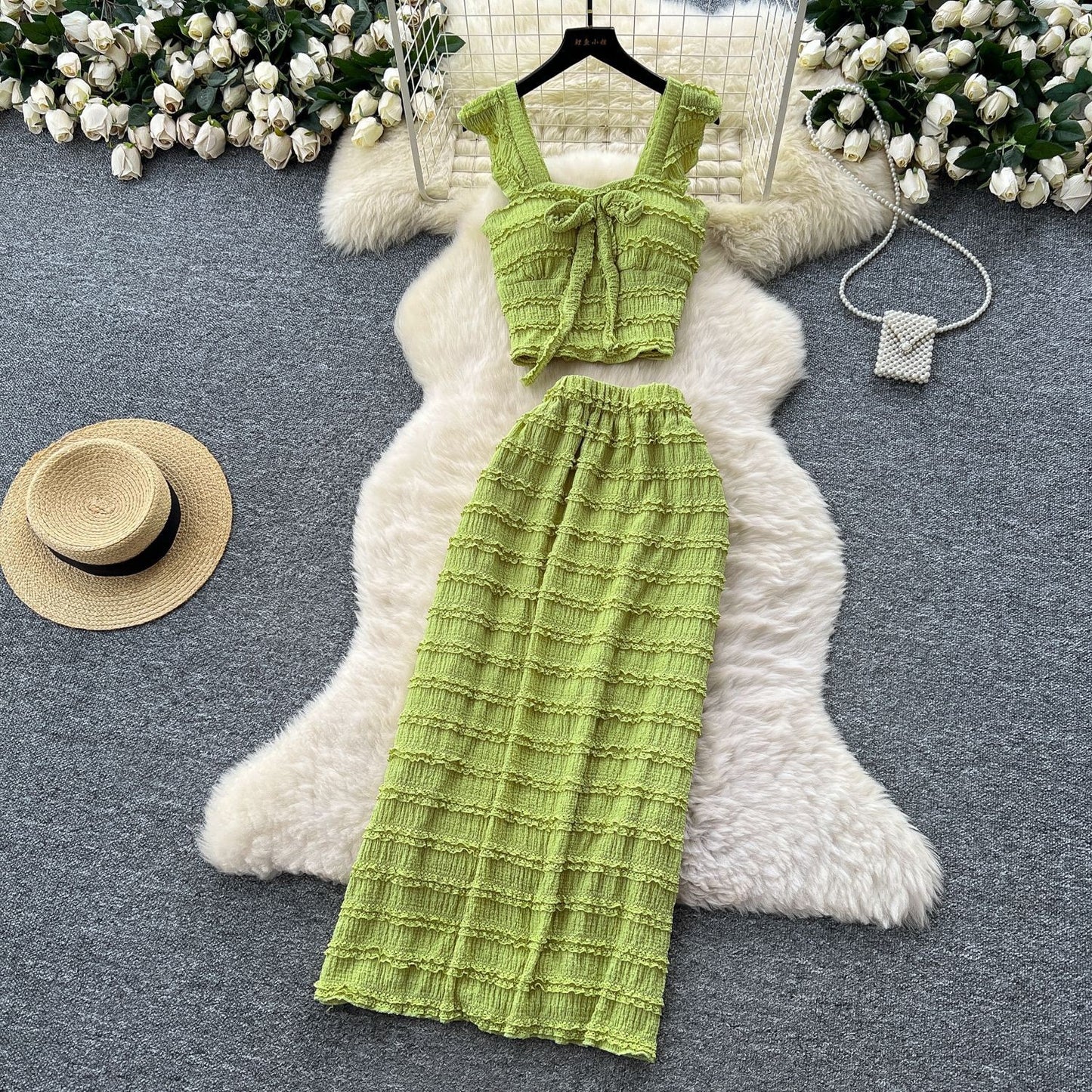Bow-tie Square-neck Camisole With Cap Sleeves High-waisted Sheath Skirt