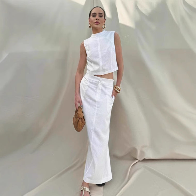 White Cotton Linen Sleeveless Stand Collar Top Slit Loose Long Skirt Two-piece Set