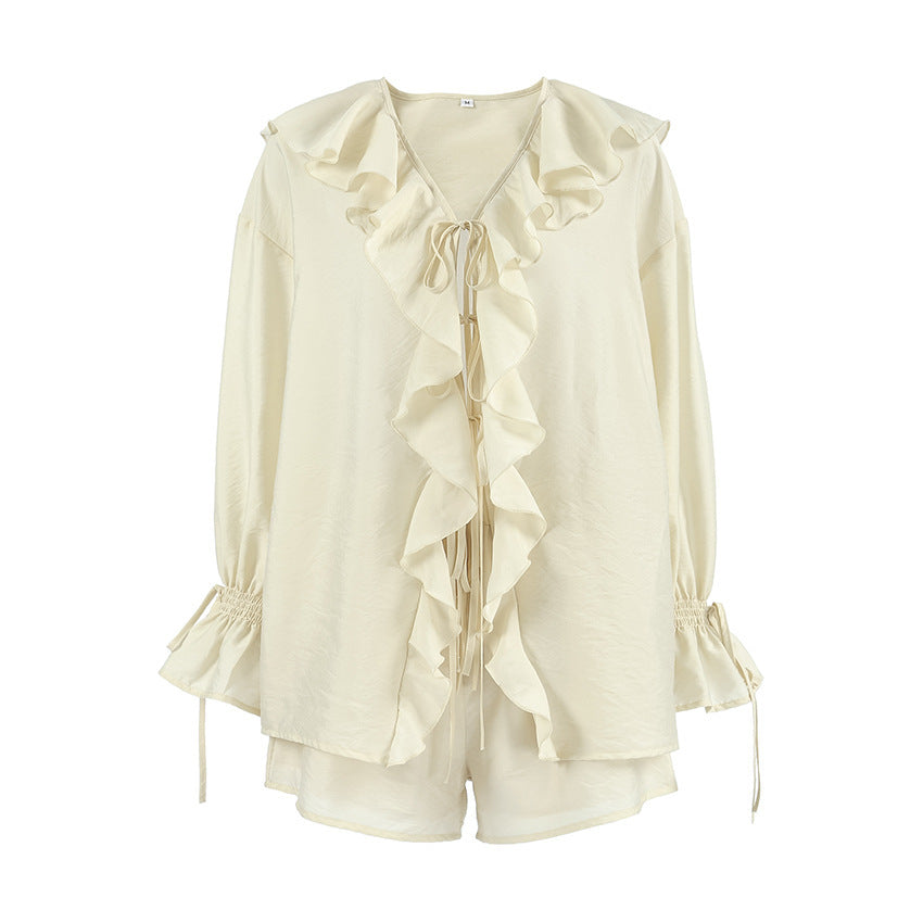 V-neck Loose Lotus Leaf Shirt Shorts Suit