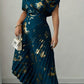 Women's Asymmetric Shoulder Gold Foil Pleated Dress
