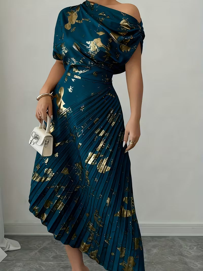 Women's Asymmetric Shoulder Gold Foil Pleated Dress