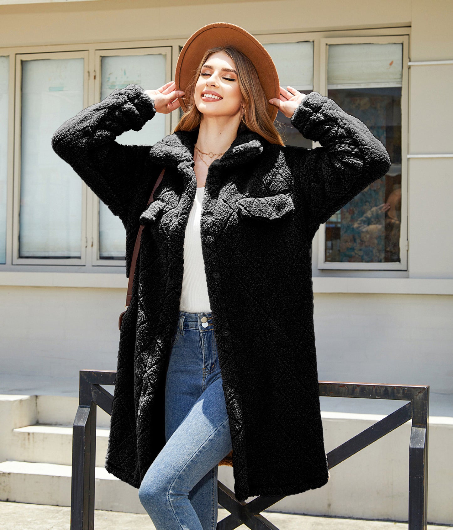 Women's Plush Loose Single-breasted Diamond Coat Overcoat