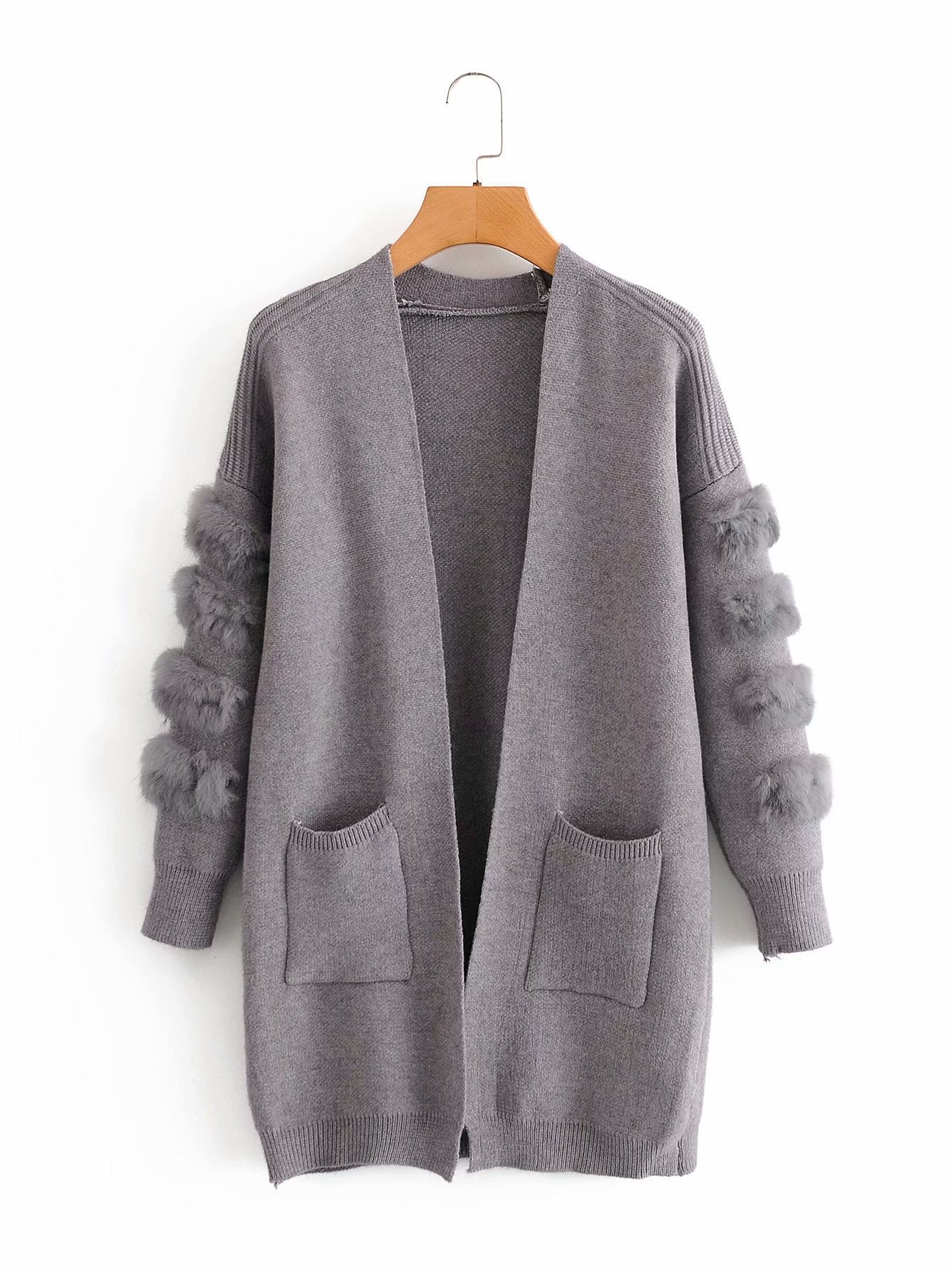 Cardigan long en tricot décoratif en peluche pour femme