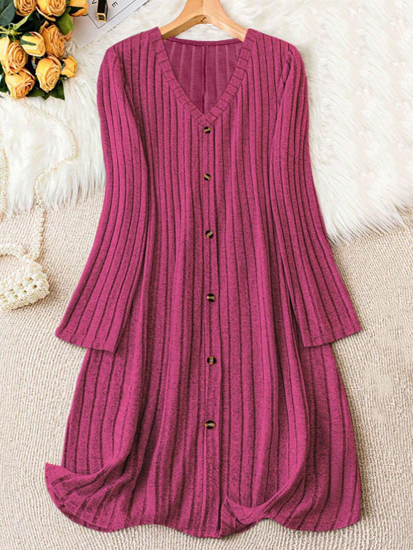 Solid-color V-neck Long-sleeve Versatile Dress
