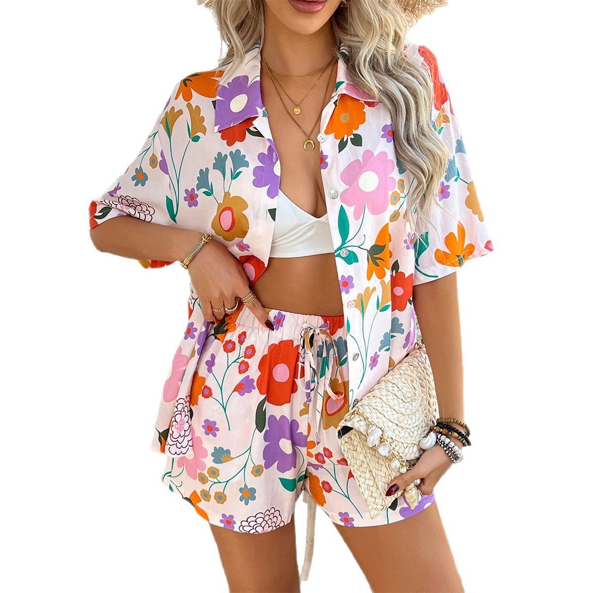 Casual Vacation Style Printing Color Contrast Short Sleeve Shorts Suit
