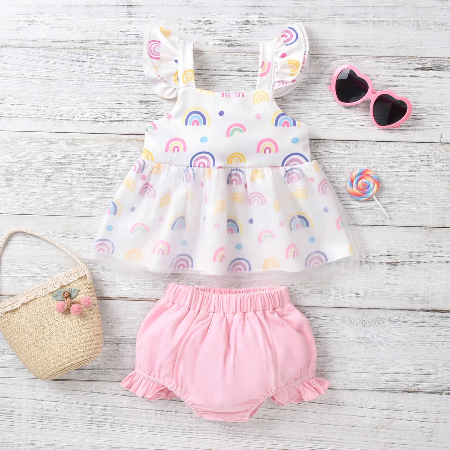 Girls Multicolor Print Sling Dress Two Piece Set