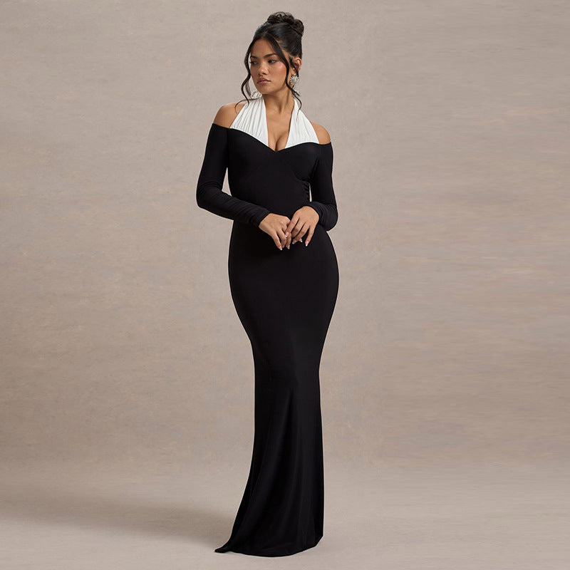 Robe longue moulante à col licou et couleur contrastée pour femme