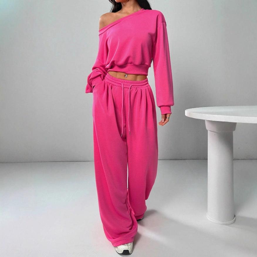 Slim-fit Off-shoulder Crop Top With Casual Pants Set