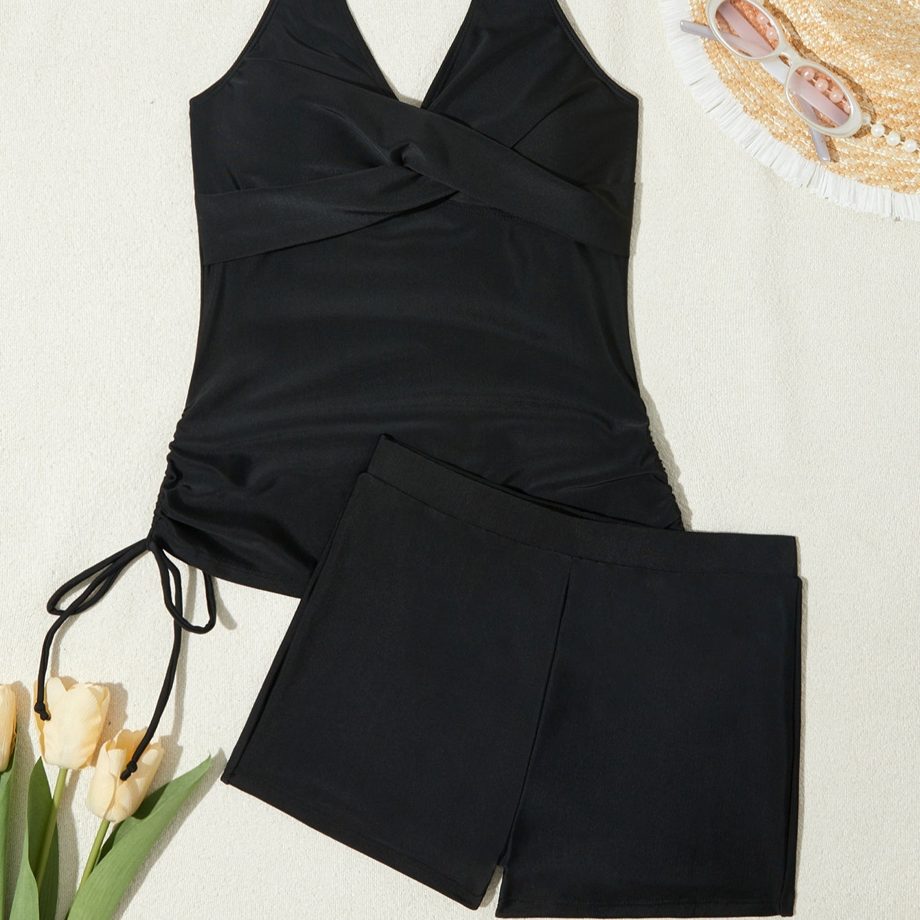 Two-piece Split Strap Drawstring Swimsuit With Boyshorts
