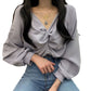 Pleated V-neck Twist Design Loose Casual Solid Color Long Sleeve