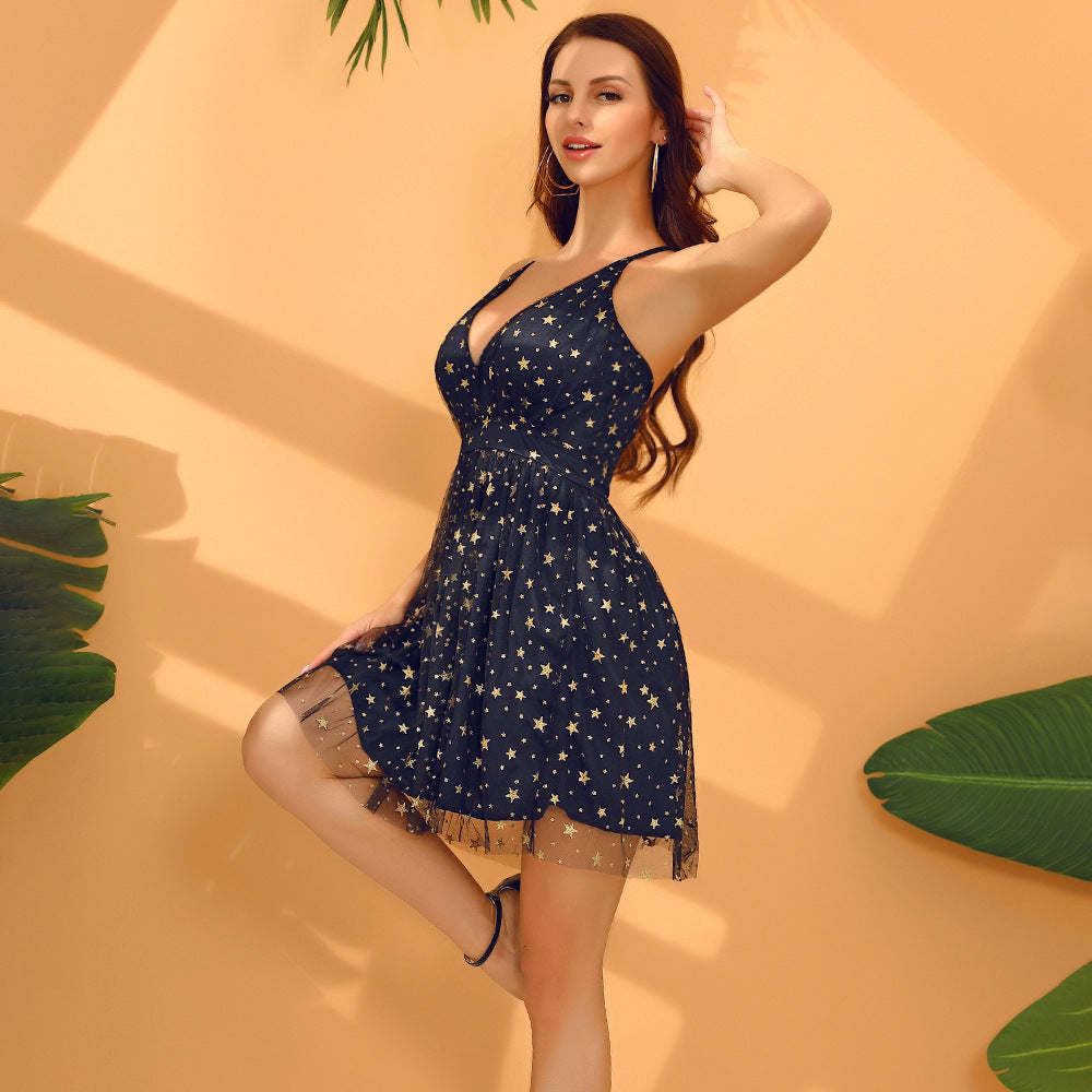 Robe à paillettes et bretelles à col en V, robe dos nu