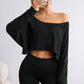 Solid Color Shoulder Long Sleeve Loose-fitting Cropped Top
