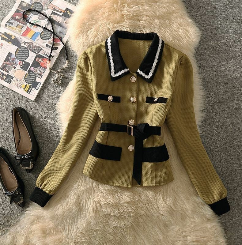 Women's Temperament Contrast Color Lapel Long Sleeve Top