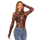 Women Paisley Printed Stand Collar Mesh Long Sleeve T-shirt