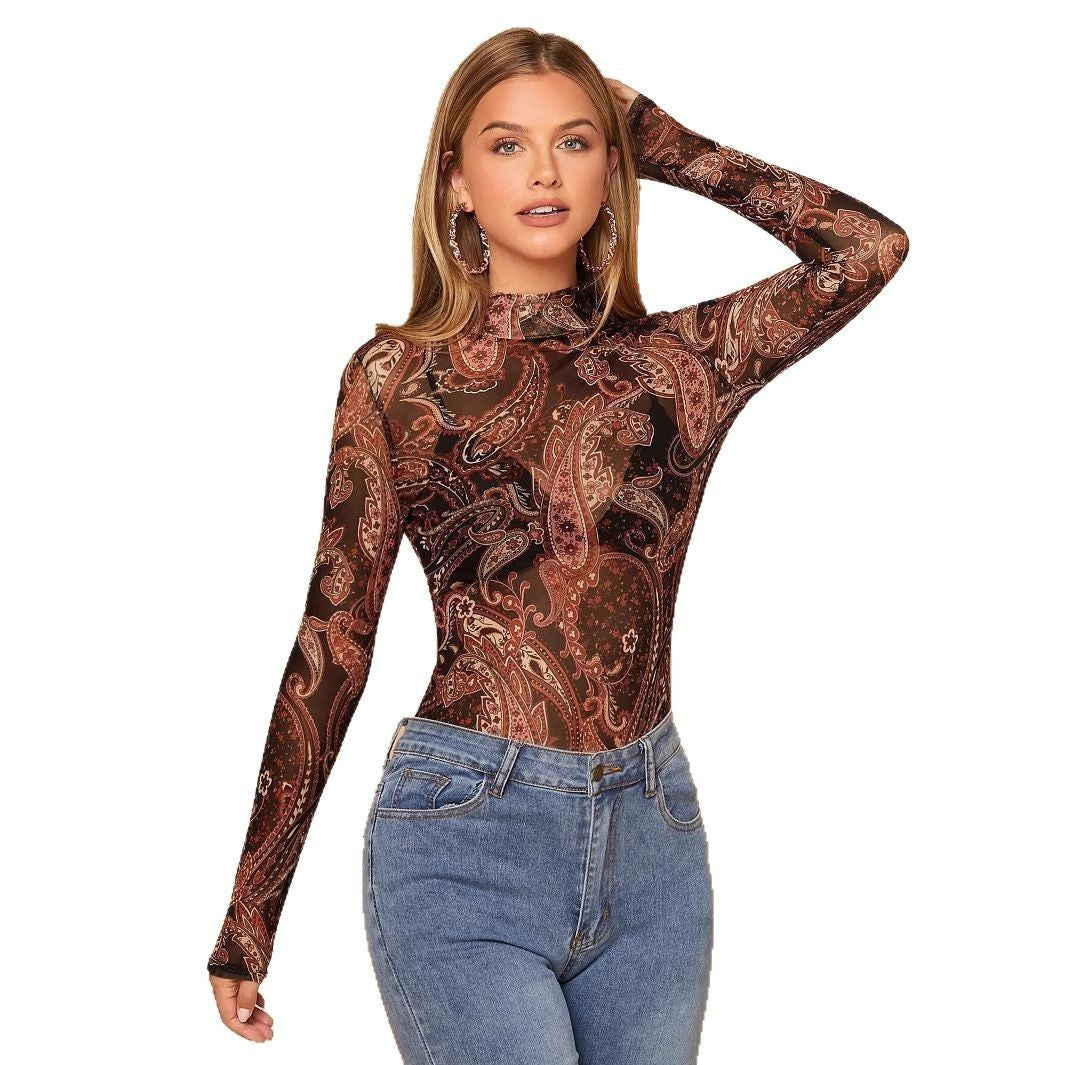 Women Paisley Printed Stand Collar Mesh Long Sleeve T-shirt