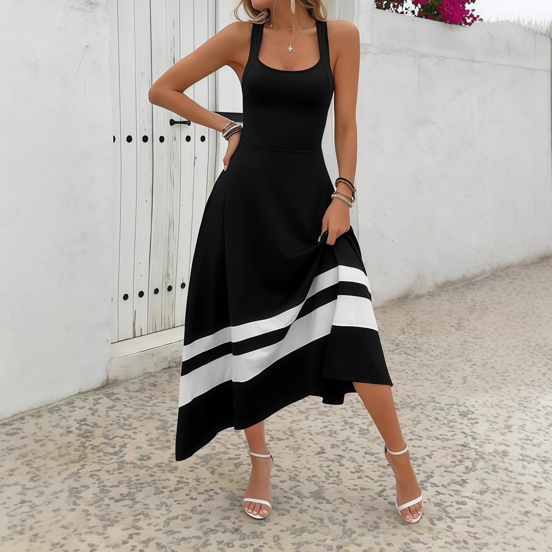 Black And White Long Dress With A Crossover Back