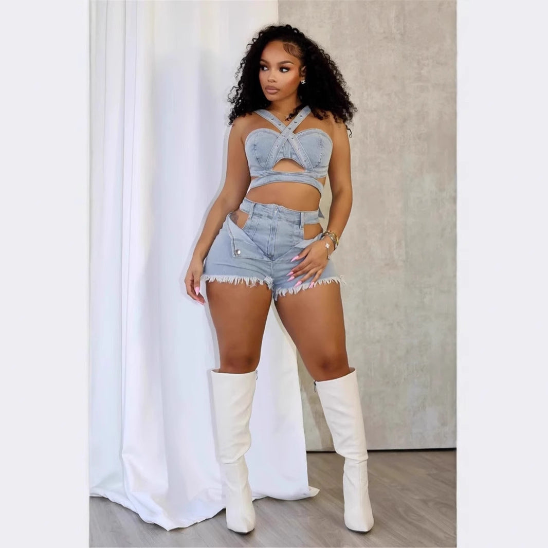 Washed Elastic Denim Casual Vest Shorts Set