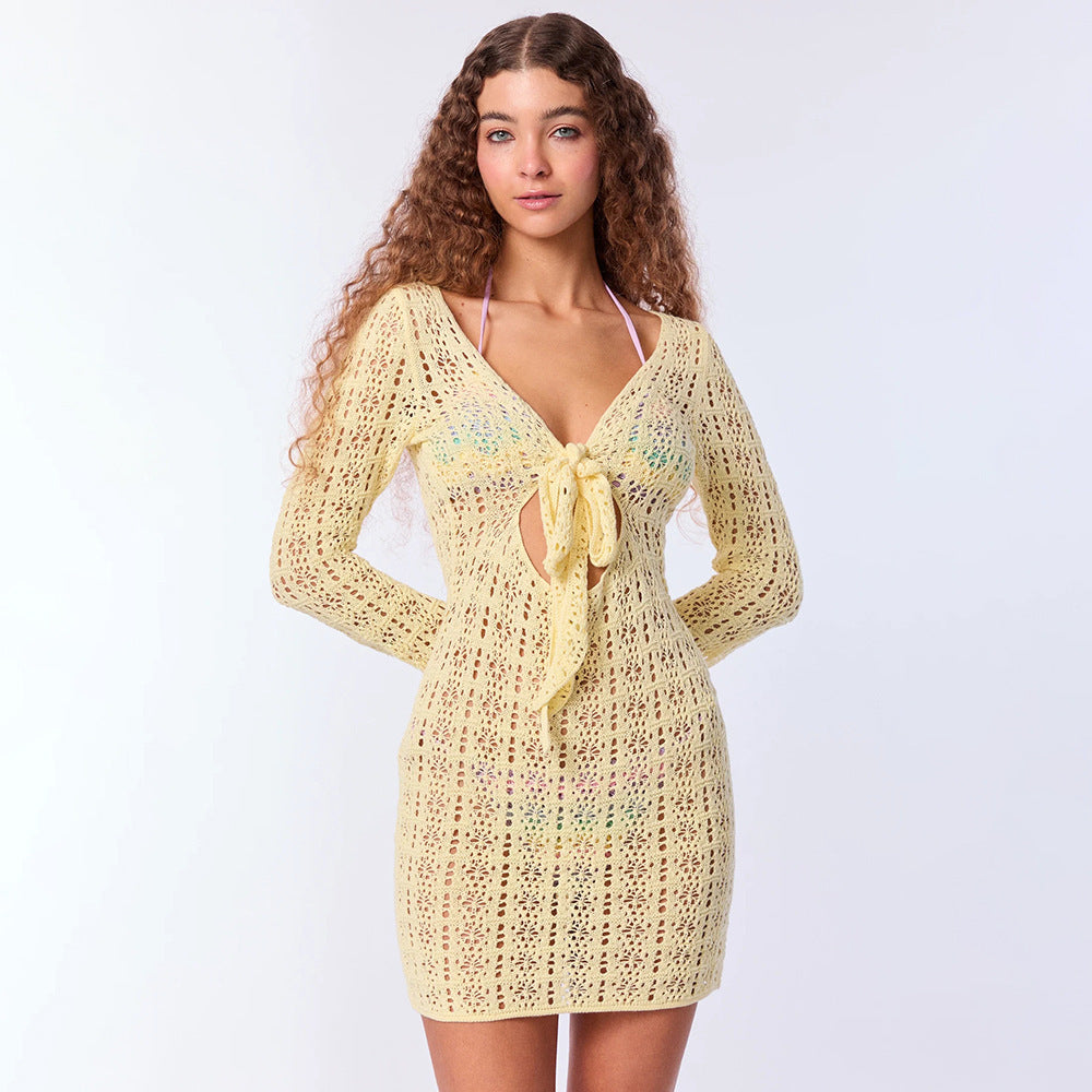Hollow-out Side Strap Round Neck Backless Sun-proof Beach Women's Clothing Dress