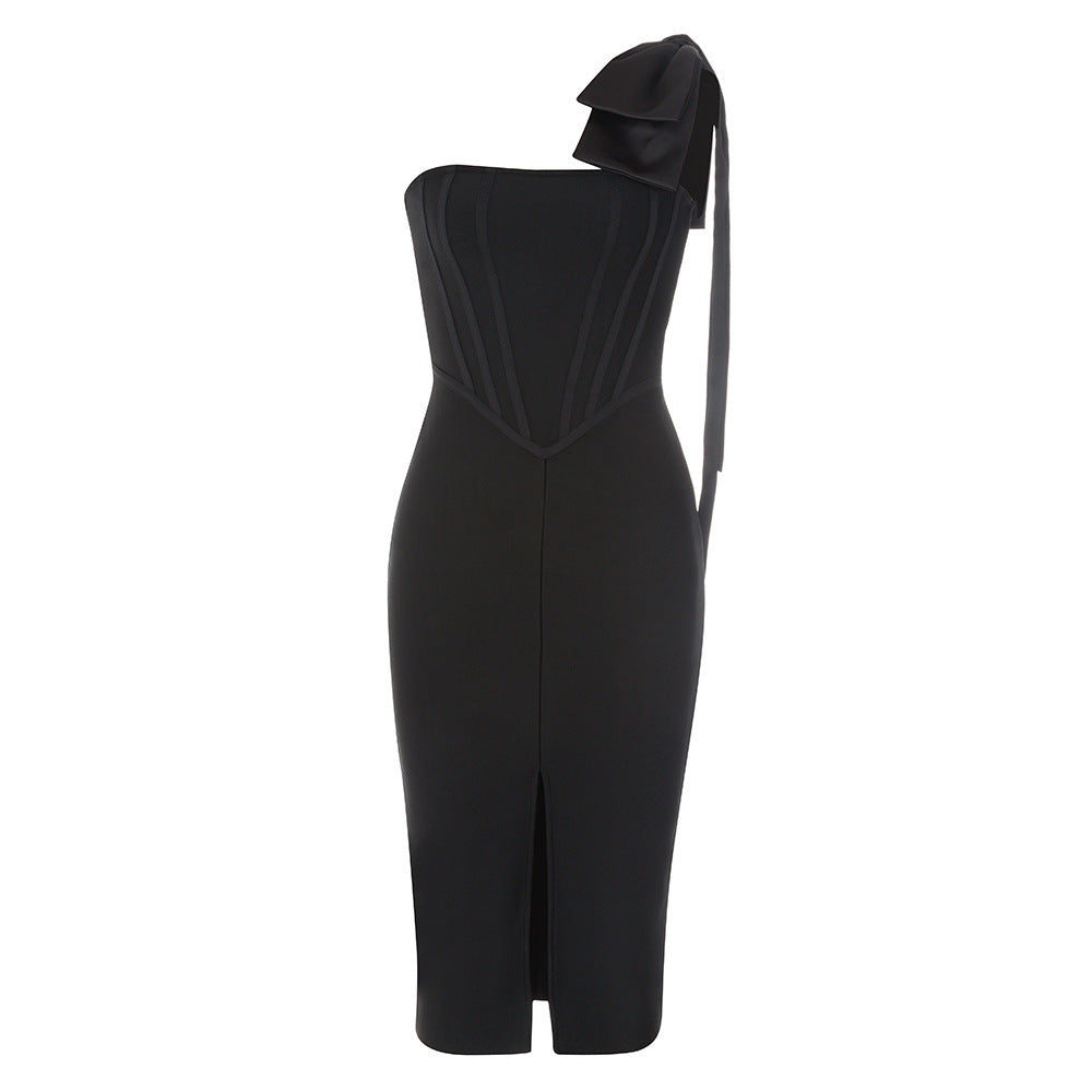 Sleeveless One-shoulder Tight Niche Split Bandage One-piece Dress