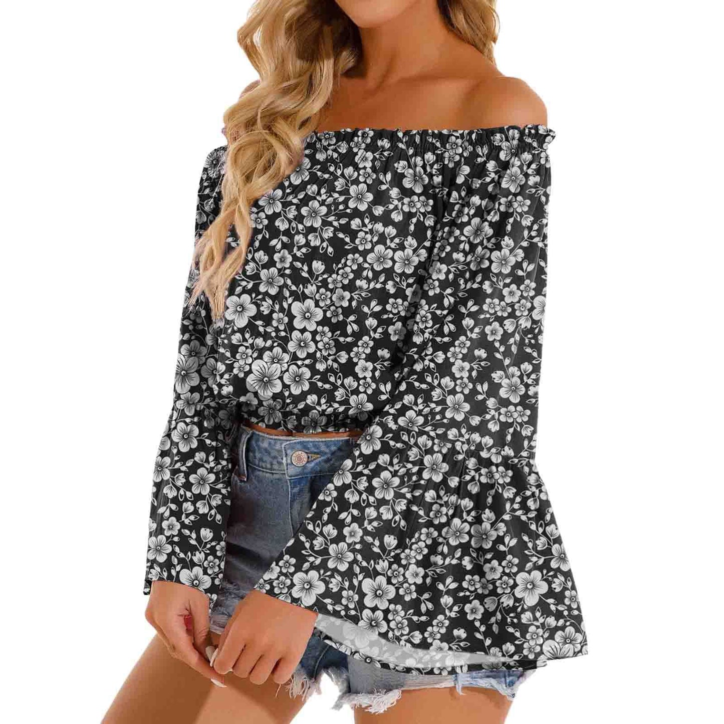 Women's Solid Color Printed Long Sleeve Chiffon Shirt
