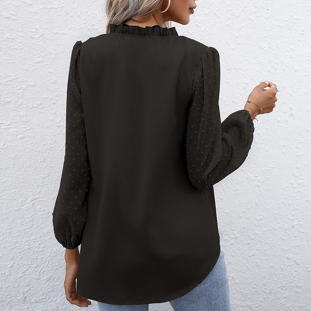 Puff Sleeve Ladies V-neck Long-sleeved Shirt