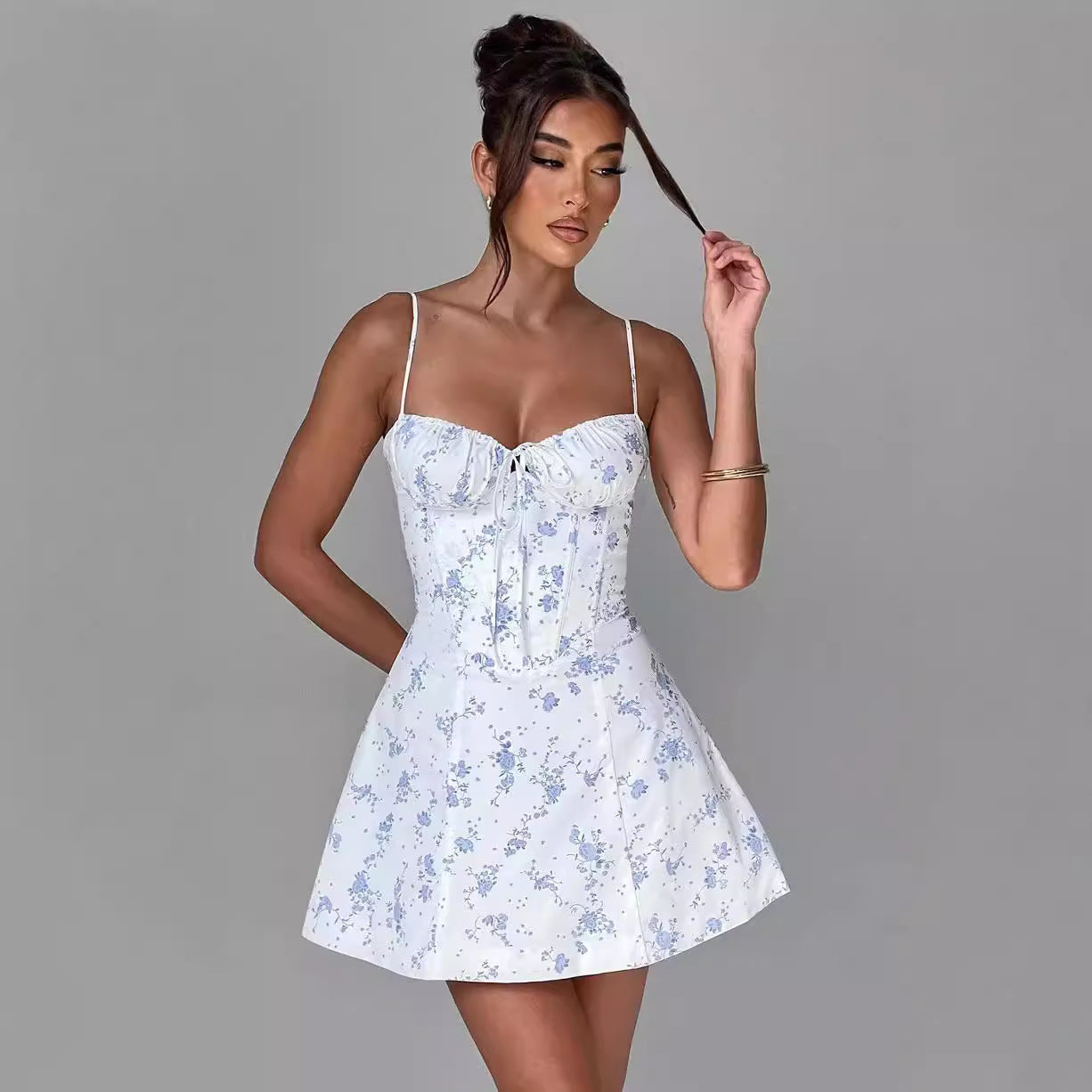 Seaside Holiday Floral Strap Back Cross Tied Slim Fit Fishbone Mini Dress