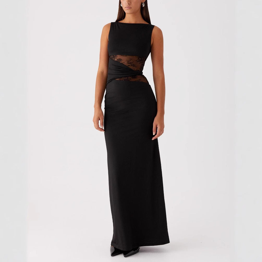 Womens Slim-Fit Lace-Patch Draping Dress