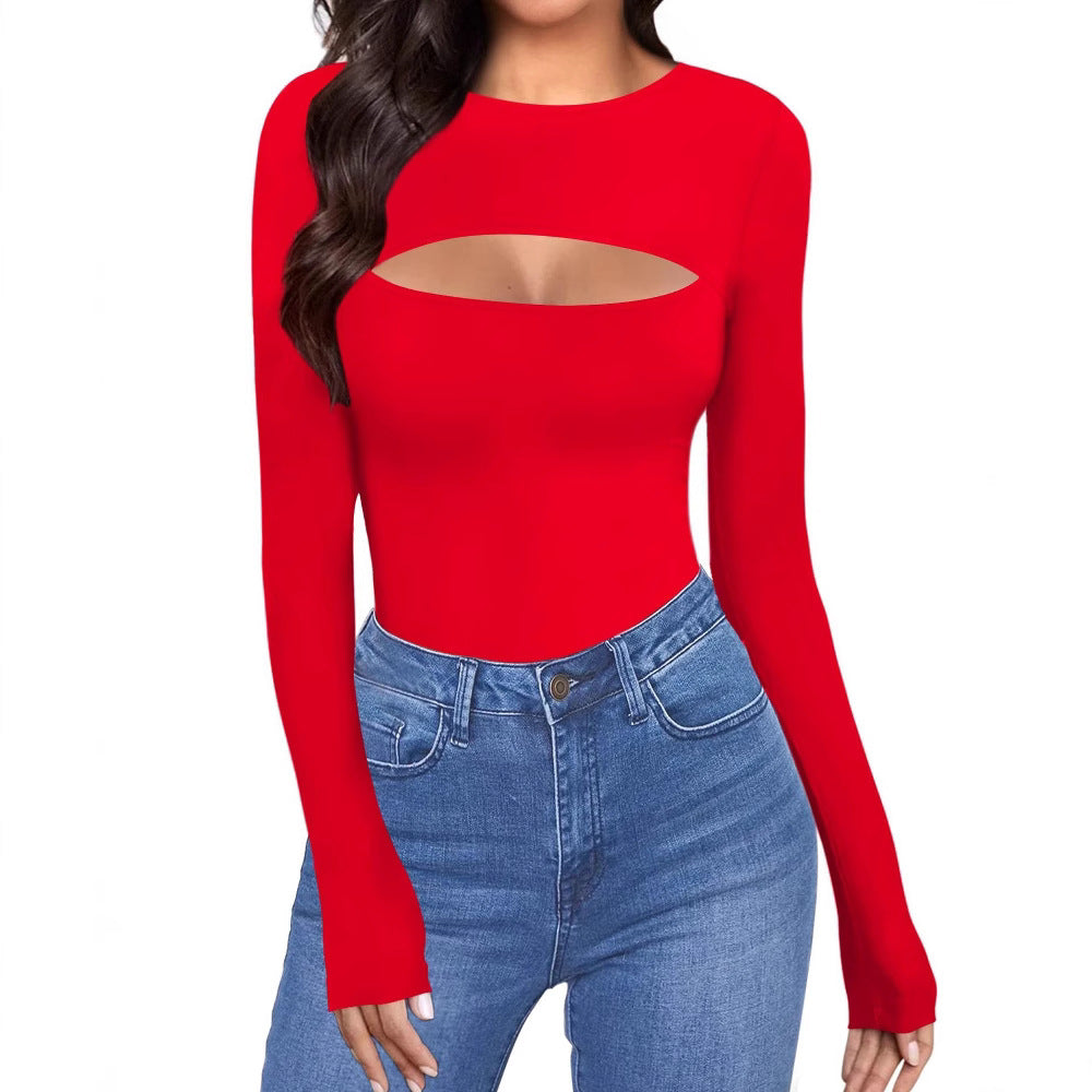 Womens Hollow-out Long-sleeve Top With A Chest-enhancing Design And Matching Jumpsuit