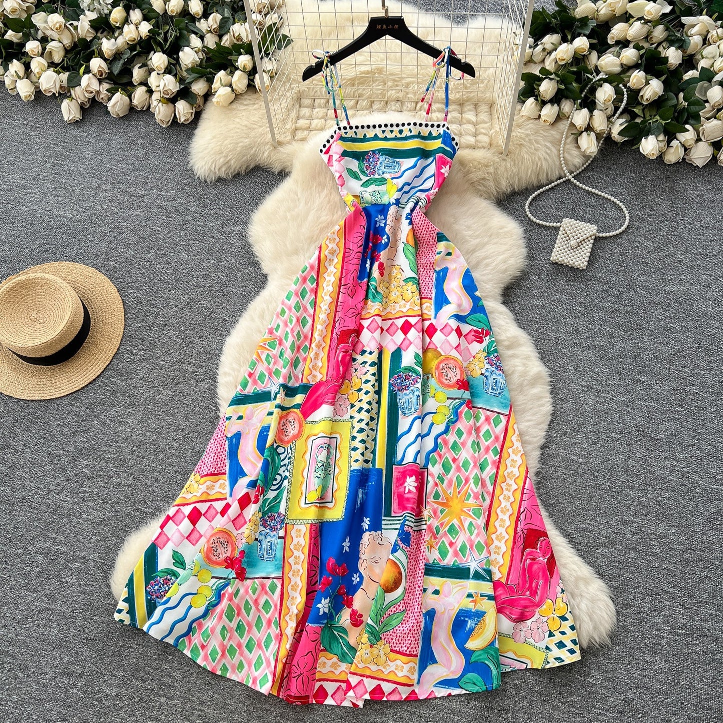 Light Luxury Graffiti Printing Slip Dress Women