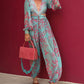 Full Screen Printed Chiffon Deep V Jumpsuit