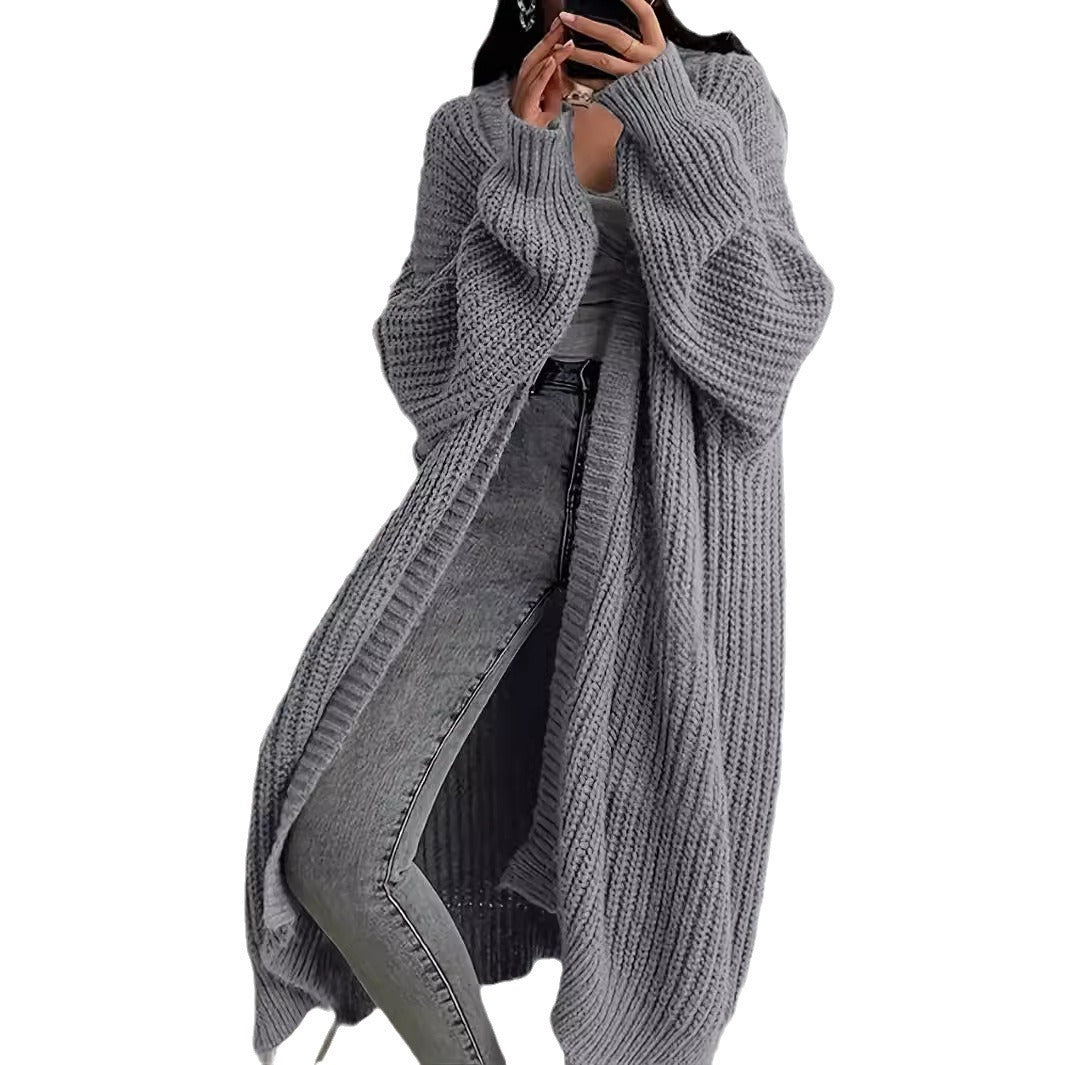 Cardigan long tricoté avec poches, manteau à manches lanternes tendance et polyvalent