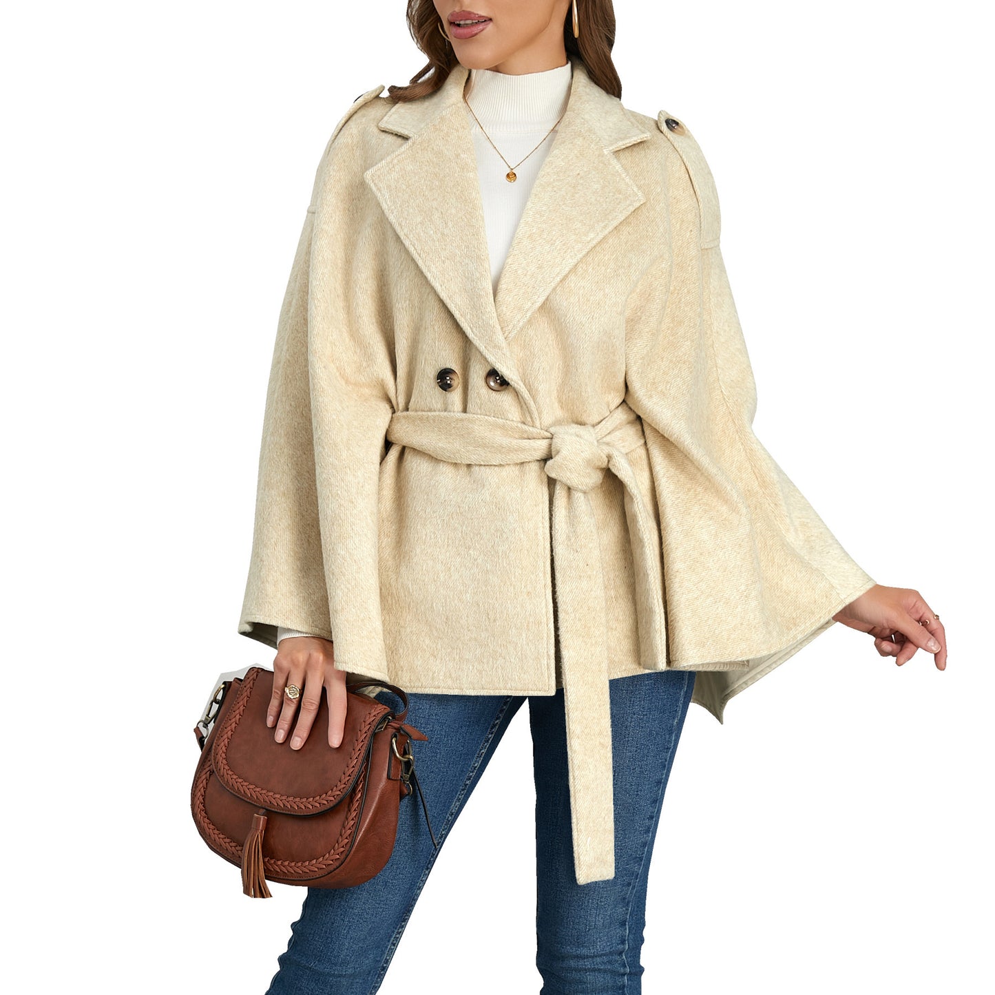 Manteau bandage en laine à revers et manches chauve-souris