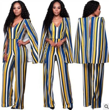 Summer Explosions Europe And The United States V-neck Print Cloak Backless Wide Tube Piece Trousers