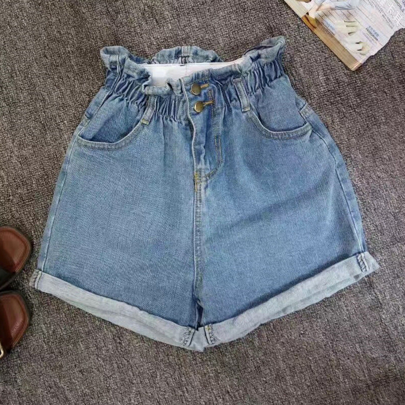 Calyx elastic waist denim shorts female summer high waist was thin student wide leg pants