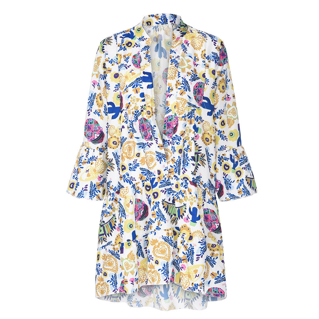 Women's printed button Ruffle shirt skirt