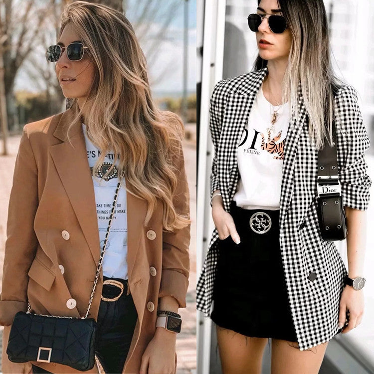 Check double-breasted trench coat
