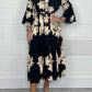 Elegant Printed Stand-up Collar Cinched Long Sleeve Dress