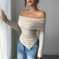 Women's Light Apricot-colored Long-sleeved Off-shoulder T-shirt