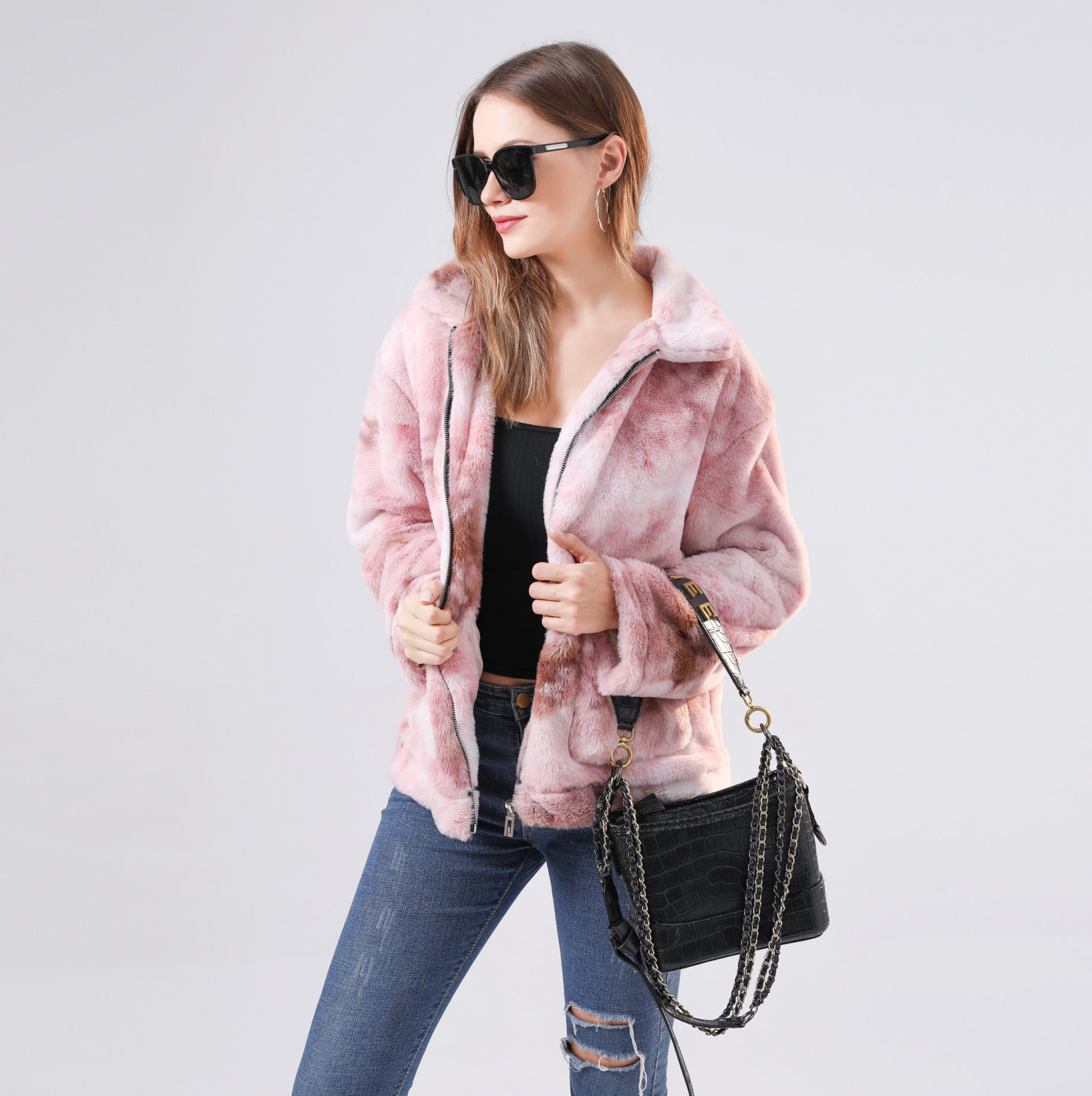 Women's plush color tie-dye long sleeve coat