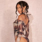 Long-sleeve Printed Sexy Off-shoulder Asymmetrical Halter Bodysuit