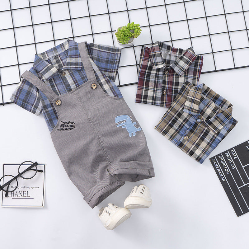 Summer Children's Suit Cotton Plaid Shirt Suspender Pants Two-piece Suit