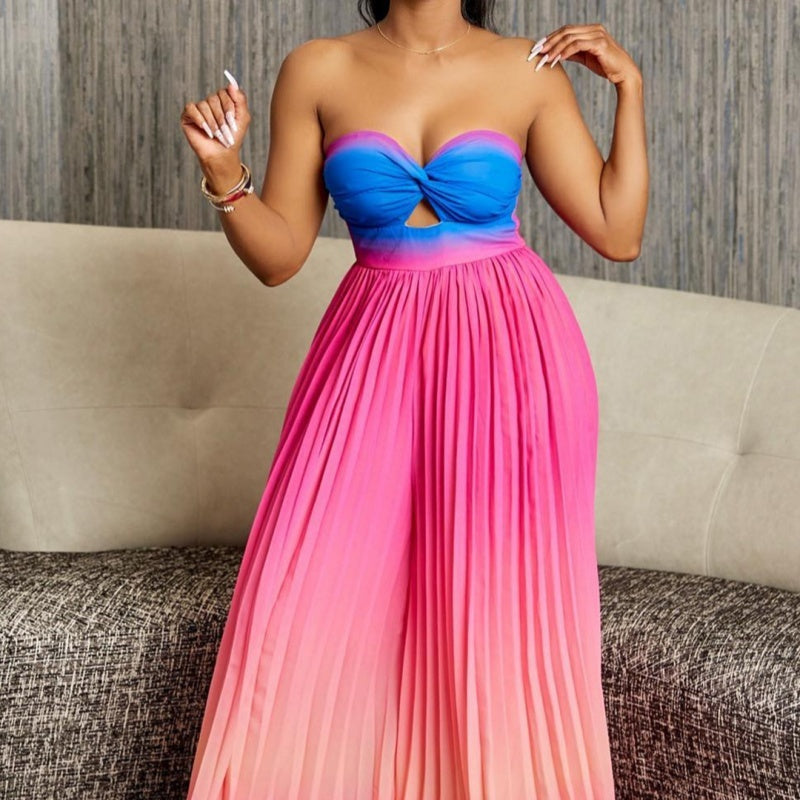 Summer Tube Top Backless Fashion Gradient Color Wide Leg Jumpsuit