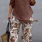 Ladies V-neck Shirt Tropical Plants Printed Pants Suit